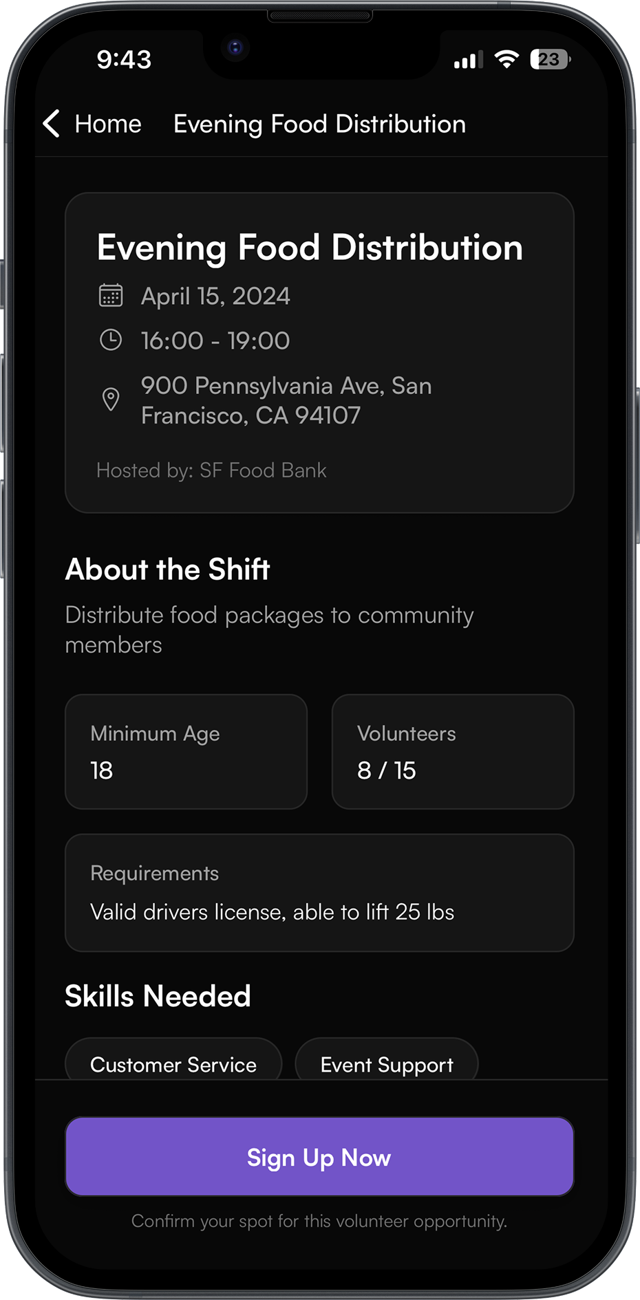 Storm Shield shift detail screen showing Evening Food Distribution event at SF Food Bank with volunteer requirements and sign up information
