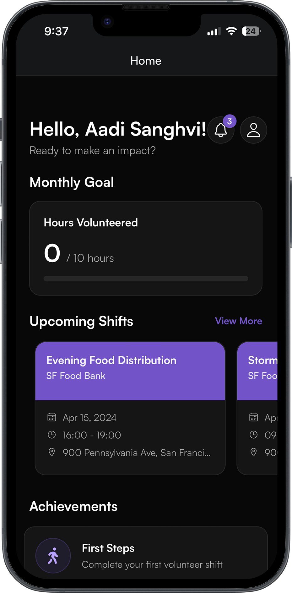 Storm Shield app home screen showing volunteer dashboard with monthly goals, upcoming shifts at SF Food Bank, and achievement tracking